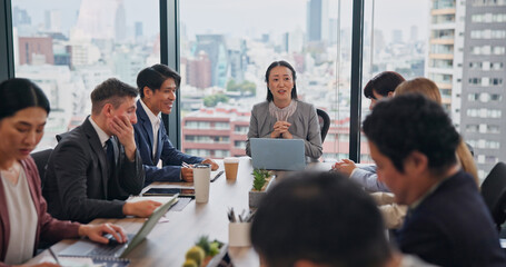 Aufkleber - Business, people and meeting at office for teamwork, collaboration and discussion for project in Japan. Employees, boardroom and conversation with feedback, report and review or update as accountant