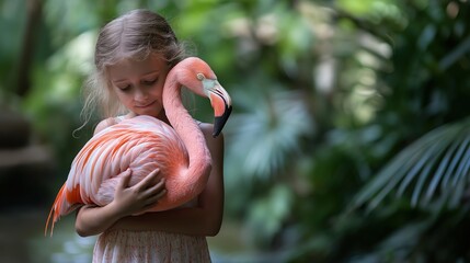 Young Girl Holding a Flamingo in Nature