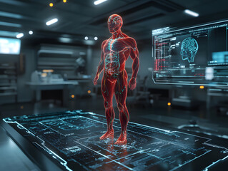 Poster - Medical technology demonstration of human anatomy high-tech laboratory digital visualization futuristic environment scientific perspective