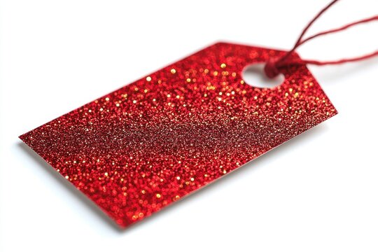 Red glittery gift tag holiday label sparkling texture festive decoration bright crimson