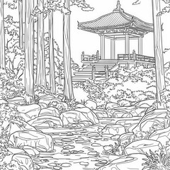 Wall Mural - A mystical temple hidden deep in the forest, anime coloring page for kids, simple outline illustration. Coloring book, simple lines.