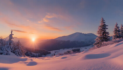 Wall Mural - Majestic sunrise in the winter mountains landscape