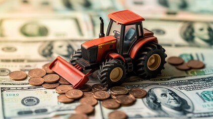 Toy tractor on scattered currency symbolizes agriculture and finance.