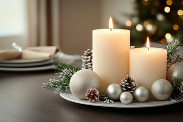 Canvas Print - Festive Table Setting With Beautifully Lit White Candles, Adorned With Silver Accents And Surrounded By Delicate Ornaments And Greenery, Exuding A Warm Glow