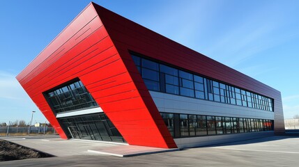 Wall Mural - Red and silver warehouse with angular architecture, no buildings nearby.