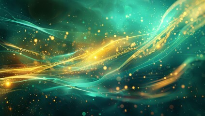 Fototapete - Abstract background with glowing waves of light in teal and gold colors.