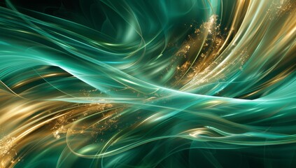Fototapete - Abstract background with glowing waves of light in teal and gold colors.