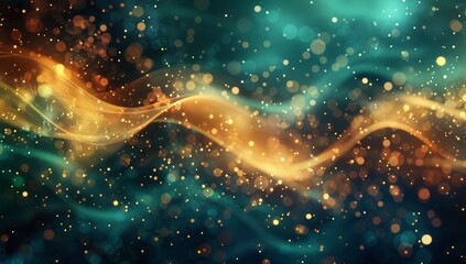 Fototapete - Abstract background with glowing waves of light in teal and gold colors.