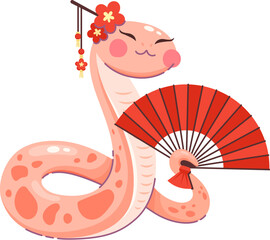 Wall Mural - Cartoon snake character celebrating the 2025 Lunar Year with red fan symbolizes joy and cultural festivities celebration. Isolated vector cute pink reptile snake animal with traditional Chinese decor