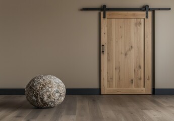 Wall Mural - Barn door with taupe wall and textured stone accent, evoking minimalist warmth.