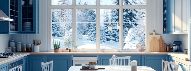 A cozy kitchen with blue cabinets and a white table, a large window showing a snowy scene outside, a winter landscape