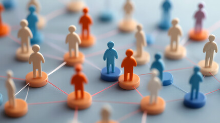 Poster - Simplified human figure network concept people on round podiums connected by thin  lines, a social media community and connection idea background,	
