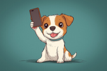 Poster - Puppy doing a smartphone selfie cartoon illustration