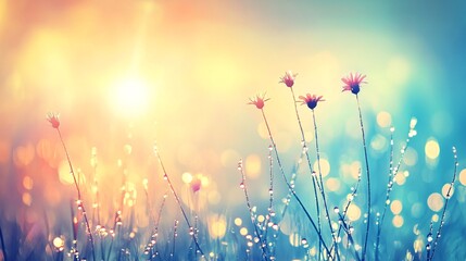 Wall Mural - Dew-covered wildflowers at sunrise, soft light.