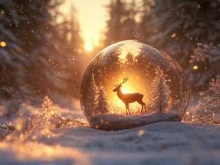 Wall Mural - A Clear Glass Christmas Globe Featuring A Forest Scene With Deer And Snow-Covered Trees, Surrounded By A Soft Glow