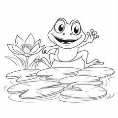 Sticker - A happy frog hopping on lily pads, coloring page for kids, simple outline illustration. Coloring book, simple lines.