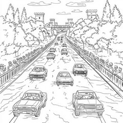 Wall Mural - A race track with cars and cheering fans, coloring page for kids, simple outline illustration. Coloring book, simple lines.