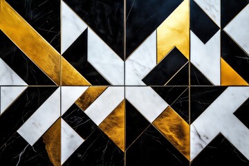 Poster - Bold geometric patterns in shades of black, white, and gold, giving a sleek and modern appearance.