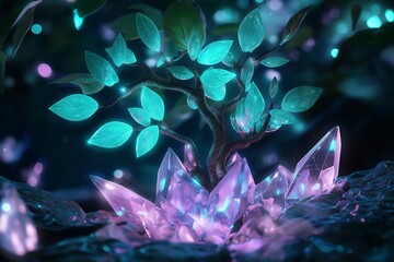 Poster - A surreal depiction of a tree with glowing leaves, growing from the center of a massive crystal