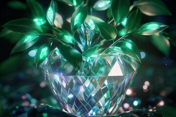 Poster - A surreal depiction of a tree with glowing leaves, growing from the center of a massive crystal