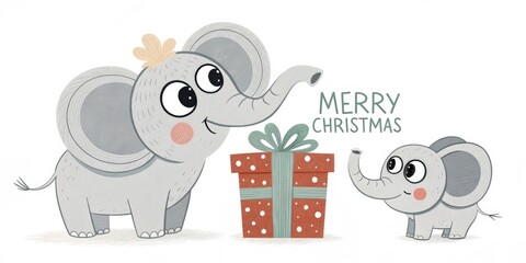 Sticker - cute cartoon elephant with gift box merry christmas background