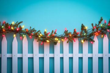 Canvas Print - Cheerful Wallpaper Depicting A Garland Of Bright, Multi-Colored Christmas Lights Winding Around A White Picket Fence, Against A Light Pastel Blue Background