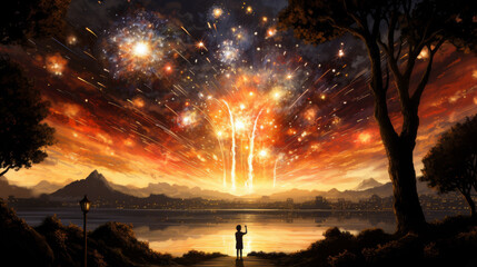 Wall Mural - Silhouette of person  standing in front of spectacular fireworks across a lake