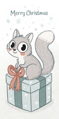 Sticker - cute cartoon squirrel with gift box merry christmas background