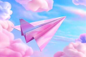 Poster - A single paper airplane soaring across a soft pastel pink and blue sky.