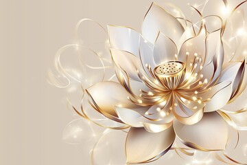 Poster - A simple beige background with a delicate outline of a lotus flower in gold