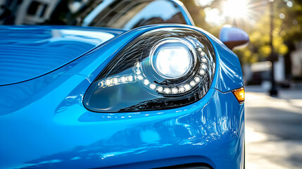 Close-up view of a vibrant blue sports car headlight showcasing LED technology and sleek design on a sunny day.