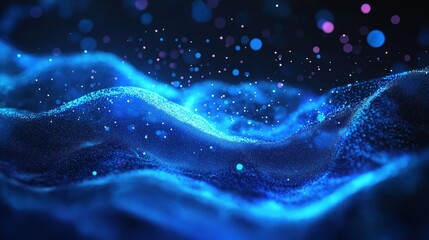 Poster - Abstract wavy blue tech particles move in dynamic pattern. Modern tech background perfect for business presentations tech product visuals. Dynamic glowing particles create futuristic, innovative