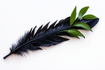 Wall Mural - A plain white background with a single black feather resting in the center, symbolizing elegance