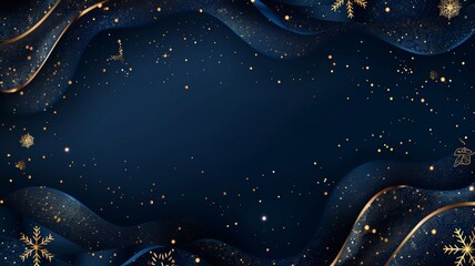Poster - Abstract dark blue background with snowflakes and golden glitter for a Christmas or New Year greeting card or poster design. Space for text in the center.