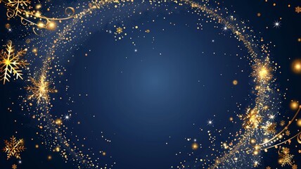 Poster - Abstract dark blue background with snowflakes and golden glitter for a Christmas or New Year greeting card or poster design. Space for text in the center.