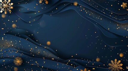 Poster - Abstract dark blue background with snowflakes and golden glitter for a Christmas or New Year greeting card or poster design. Space for text in the center.