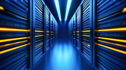 Poster - 3D Rendering of Data Center Servers with Blue and Yellow Lights