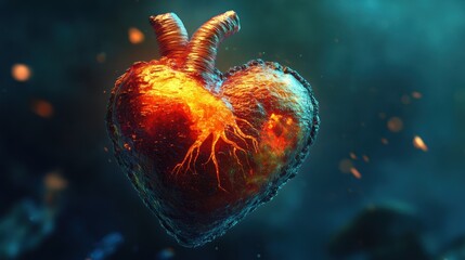 Poster - Fiery Heart Anatomical Render Glowing Intensely