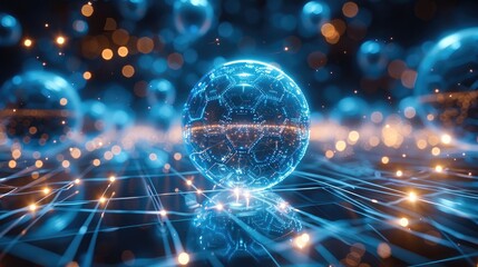 Poster - An advanced quantum computer, with metallic spheres and geometric patterns around it, emitting blue light beams from its center. with multiple wires leading to various points on that grid.