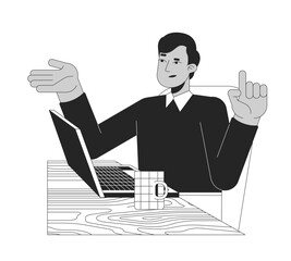Poster - business casual indian male employee reasoning at laptop black and white 2d line character. south as