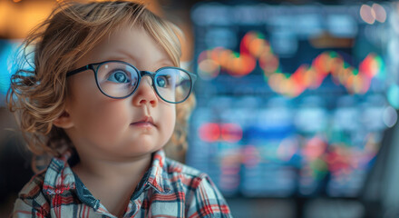 Wall Mural - A stock market graph in background and in front a cute toddler with glasses.