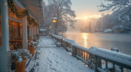Poster - A winter morning scene with a cozy ambience, of the view from the balcony, under the porch covered with light snow, overlooking to the lakeside.