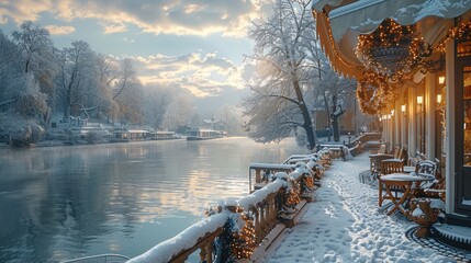 Poster - A winter morning scene with a cozy ambience, of the view from the balcony, under the porch covered with light snow, overlooking to the lakeside.