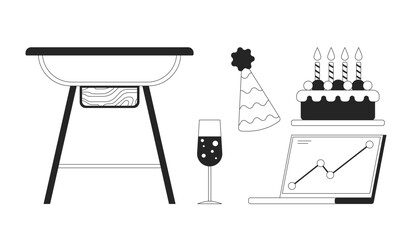 Aufkleber - Company milestone celebration party black and white 2D line objects set. Table, wine glass, candles cake, laptop isolated clip arts vector outline items collection. Monochrome spot illustrations