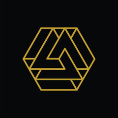 Poster - An abstract outline logo of geometrical triangle hexagon shape in gold color