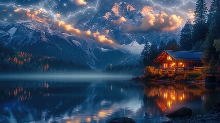 Poster - An old wooden cabin in the distance, on a lake surrounded by mountains at night with stars and clouds, a beautiful sky.