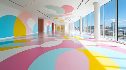 Fototapete - A bright and airy interior space featuring colorful abstract patterns on the floor and walls, with large windows allowing natural light to flood in