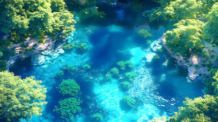 Aufkleber - A vibrant aerial view of a crystal-clear turquoise body of water surrounded by lush greenery, creating a serene and picturesque natural landscape