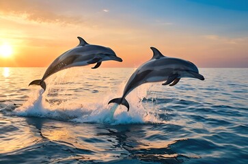 two graceful dolphins leap through the waves, silhouetted against a breathtaking sunset.