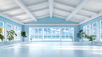 Aufkleber - A bright, spacious room with large windows offering a view of the ocean, featuring a light blue color scheme and plants for a tropical feel